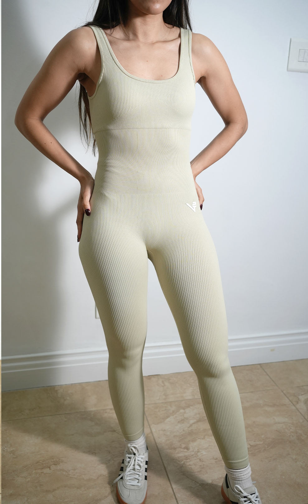 Cream Beige Ribbed seamless Jumpsuit- Full length – Valencia Sport